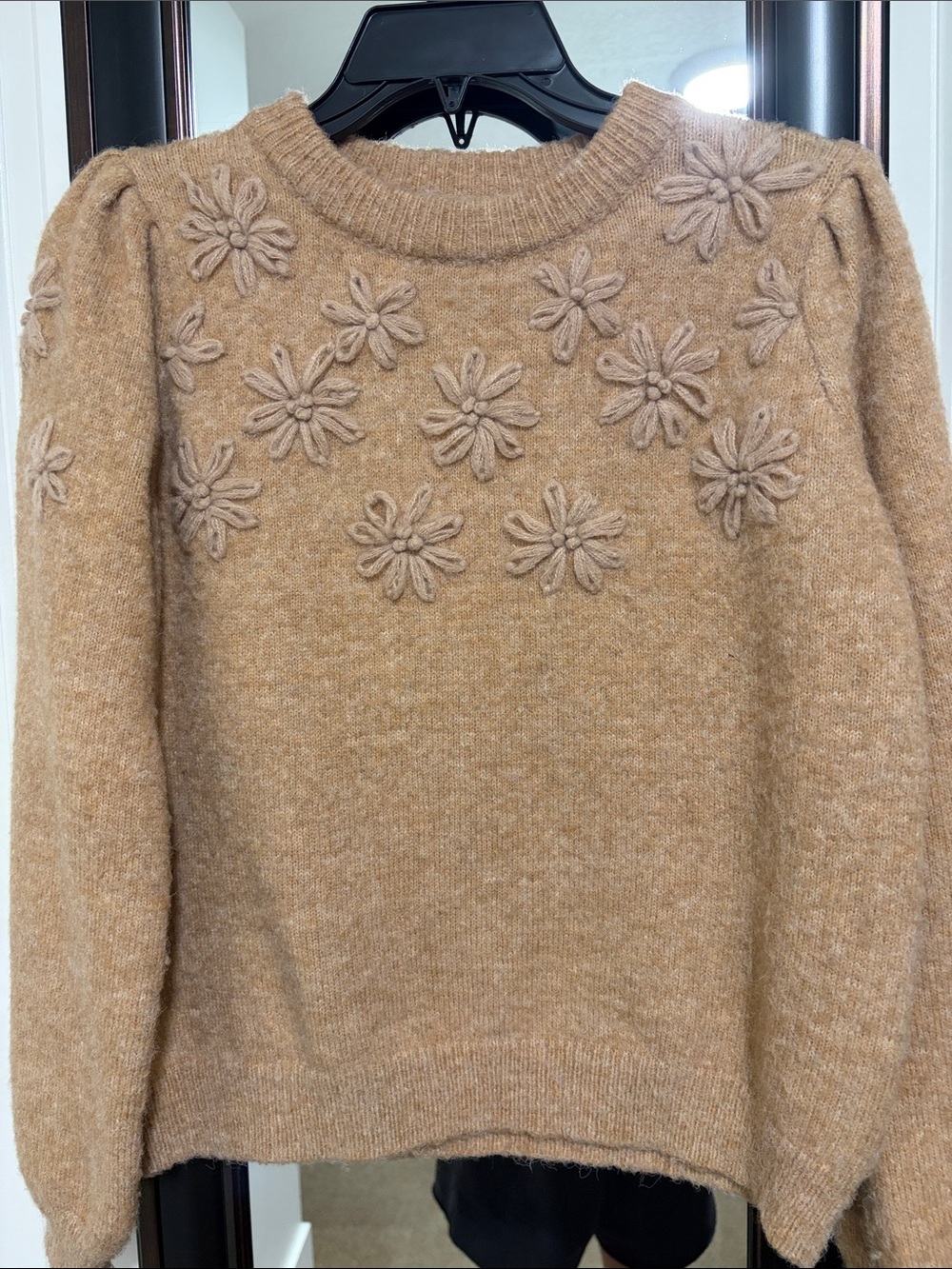 Floral Appliqué Crewneck Sweater in Camel
